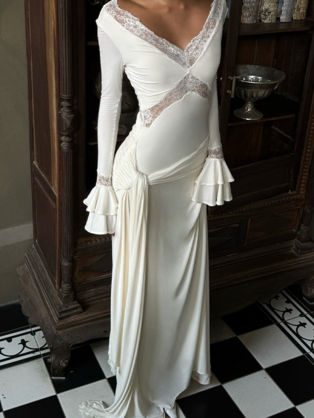 Meshki Cream Lace-Trim Long Sleeve Maxi Dress